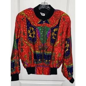 Silkworms Vintage Red Colorful Satin Bomber Jacket, Women's Large/XL Equestrian